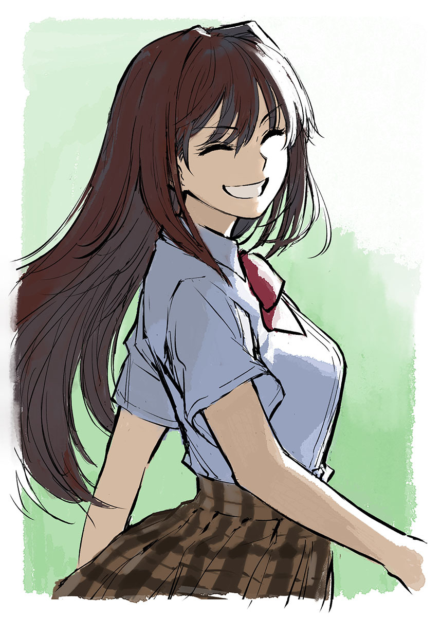 b suke, aozaki aoko, mahou tsukai no yoru, commentary request, highres, 1girl, breasts, brown hair, brown skirt, closed eyes, from side, grin, large breasts, long hair, looking at viewer, plaid clothes, plaid skirt, school uniform, skirt, smile, solo, upper body