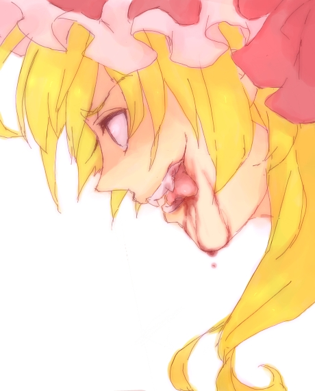 gatimuchihonpo, sagami jon, flandre scarlet, touhou, bad id, bad pixiv id, 1girl, blonde hair, blood, fangs, female focus, from side, hat, mob cap, portrait, solo, vampire, white hat