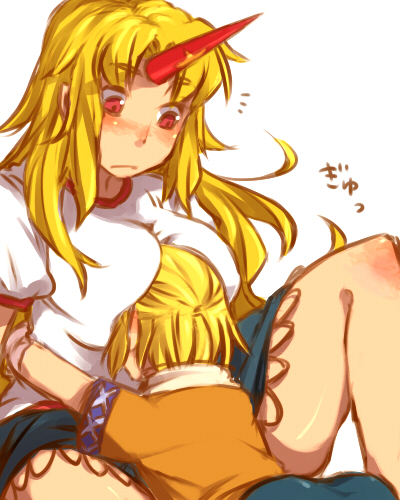 gatimuchihonpo, sagami jon, hoshiguma yuugi, mizuhashi parsee, touhou, bad id, bad pixiv id, lowres, 2girls, blonde hair, breasts, female focus, horns, multiple girls, single horn, sitting