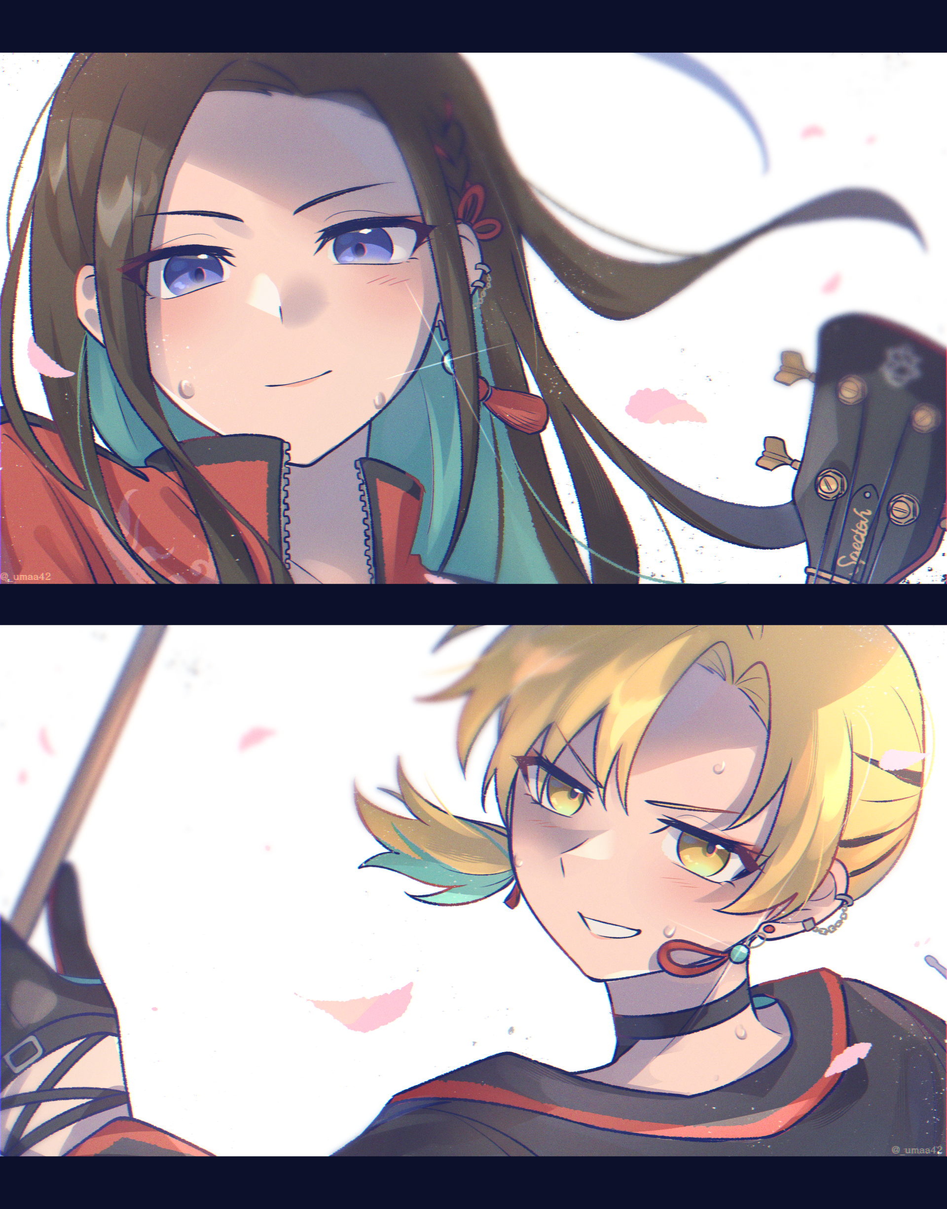 umaa42, sato masuki, wakana rei, bang dream!, absurdres, commentary request, highres, bass guitar, black border, black hair, black jacket, blonde hair, blue eyes, blurry, border, closed mouth, colored inner hair, column lineup, criss-cross straps, curtained hair, depth of field, drumsticks, ear piercing, earrings, falling petals, floating hair, gloves, green hair, green streaks, grin, half gloves, holding, holding drumsticks, instrument, jacket, jewelry, letterboxed, long hair, looking at viewer, multicolored hair, multicolored jacket, pearl earrings, petals, piercing, pink petals, ponytail, portrait, red jacket, ribbon earrings, short hair, short ponytail, single earring, smile, sweat, tassel, tassel earrings, two-tone hair, two-tone jacket, v-shaped eyebrows, white background, wind, yellow eyes, zipper