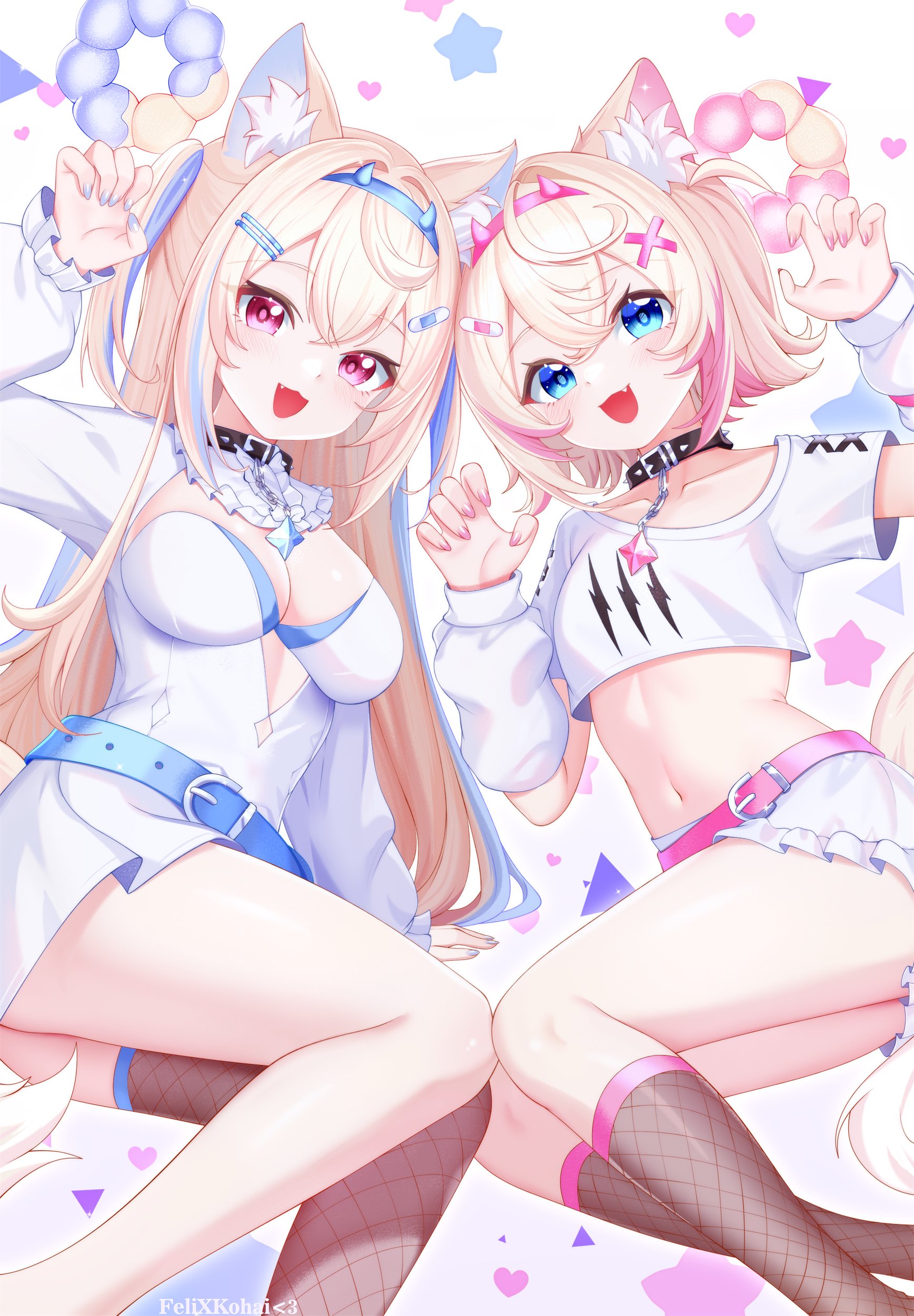 felixkohai, fuwawa abyssgard, mococo abyssgard, hololive, hololive english, absurdres, commentary, english commentary, highres, 2girls, animal ears, arm up, belt, black collar, blonde hair, blue eyes, breasts, brown socks, claw pose, cleavage, collar, colored inner hair, crop top, detached sleeves, dog ears, dress, fang, fishnet thighhighs, fishnets, frilled shorts, frills, hairband, hand up, kneehighs, large breasts, long hair, long sleeves, looking at viewer, midriff, multicolored hair, multiple girls, nail polish, navel, open mouth, pink eyes, shirt, short hair, short shorts, short sleeves, shorts, single thighhigh, smile, socks, spiked collar, spikes, stomach, thighhighs, thighs, two side up, virtual youtuber, white dress, white shirt, white shorts