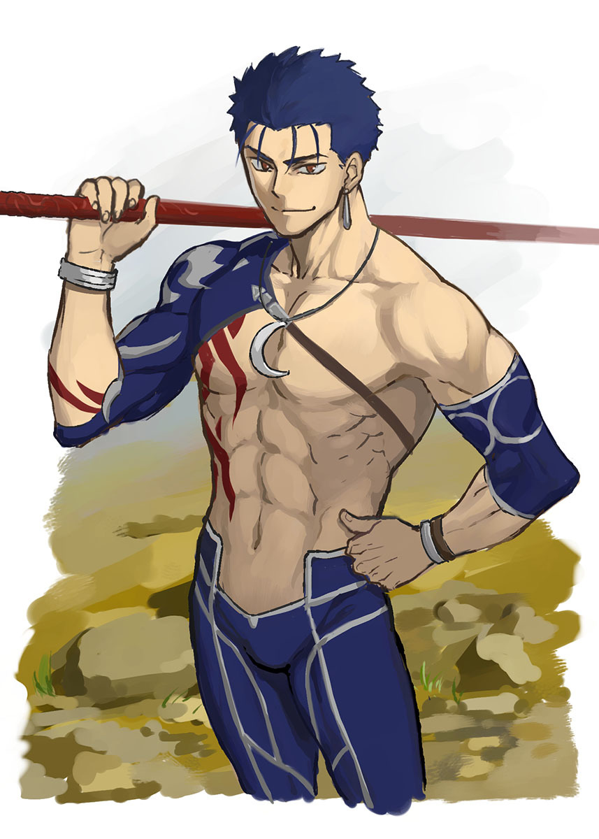 b suke, cu chulainn (fate), cu chulainn (lancer) (fate), cu chulainn (second ascension) (fate), fate/grand order, fate (series), commentary request, highres, 1boy, abs, blue hair, bracelet, detached sleeves, earrings, hand on own hip, holding, holding polearm, holding weapon, jewelry, male focus, navel, necklace, polearm, red eyes, single detached sleeve, solo, toned, toned male, weapon