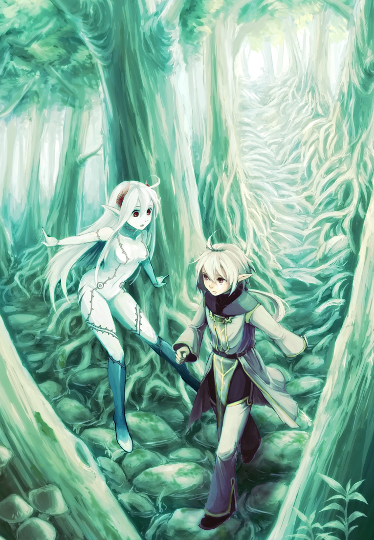 nemu (isaya), nemu (pixiv), original, 1boy, 1girl, brown eyes, forest, horns, nature, pointy ears, ponytail, red eyes, white hair
