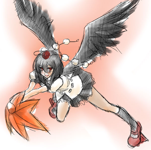 mumi (muminchu), muminchu, shameimaru aya, touhou, 1girl, black hair, black wings, female focus, geta, hand fan, hat, looking at viewer, open mouth, red eyes, short hair, skirt, solo, tengu-geta, tokin hat, wings