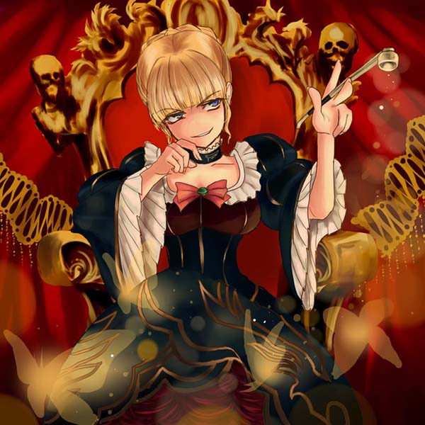 mumi (muminchu), muminchu, beatrice (umineko), umineko no naku koro ni, 00s, 1girl, blonde hair, bug, butterfly, dress, female focus, insect, kiseru, smoking pipe, solo