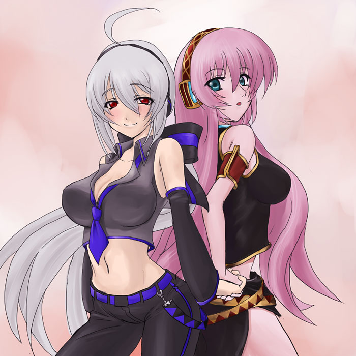 mumi (muminchu), muminchu, megurine luka, yowane haku, vocaloid, silver hair, 2girls, blouse, detached sleeves, grey shirt, holding hands, long hair, midriff, multiple girls, pink hair, shirt, very long hair