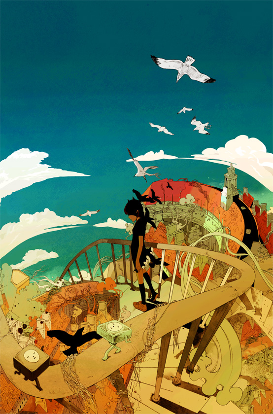kudamono790, original, bird, black hair, city, cloud, ocean, scenery, seagull, sky, solo, stairs, surreal