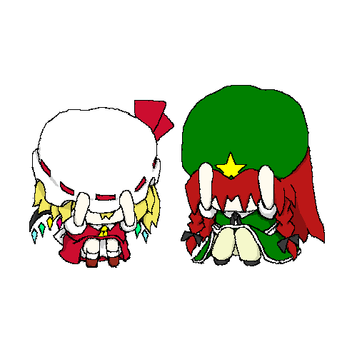 miroku35, flandre scarlet, hong meiling, embodiment of scarlet devil, touhou, lowres, 2girls, charisma guard, cowering, female focus, hat, multiple girls, simple background, squatting, white background