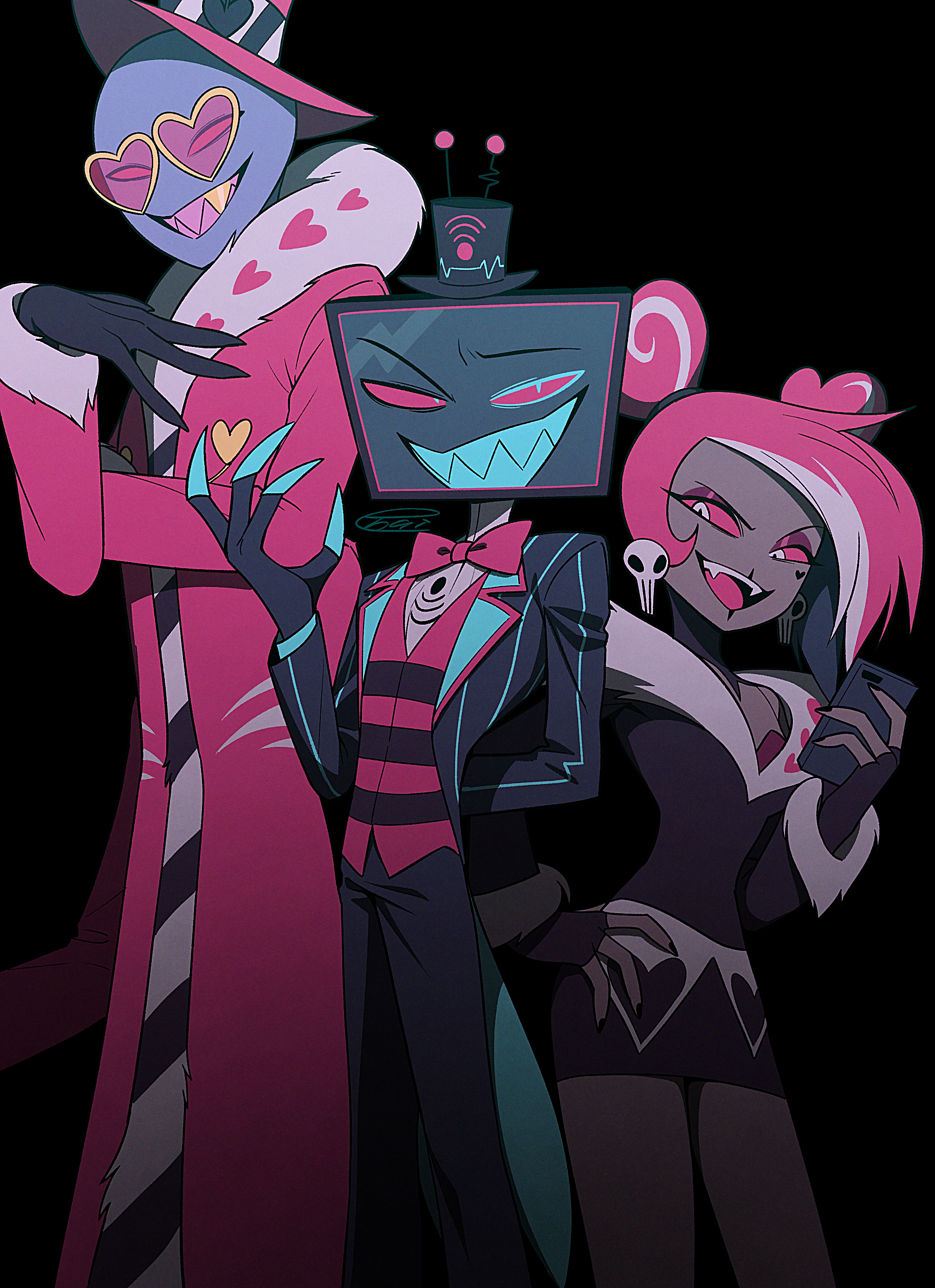 menma (enaic31), valentino (hazbin hotel), velvette (hazbin hotel), vox (hazbin hotel), hazbin hotel, hellaverse, absurdres, commentary request, highres, 1girl, 2boys, :d, arm behind back, asymmetrical bangs, bald, black background, black coat, black eyes, black gloves, black hair, black hat, black nails, black pants, black shirt, black skirt, black vest, blue eyes, blue teeth, bow, bowtie, buttons, coat, colored sclera, colored skin, colored teeth, cowboy shot, dark-skinned female, dark skin, doll joints, double bun, earrings, extra arms, eyeshadow, fangs, fewer digits, film grain, fingerless gloves, fur-trimmed robe, fur-trimmed shirt, fur-trimmed sleeves, fur trim, gloves, gold teeth, hair bun, hand on own arm, hand on own chest, hand on own hip, hand up, hat, hat ornament, heart, heart-shaped eyewear, heart button, heart hair bun, heart hat ornament, holding, holding phone, jewelry, joints, lapels, looking at viewer, makeup, miniskirt, multicolored hair, multiple boys, nail polish, notched lapels, object head, open clothes, open coat, open mouth, pants, pencil skirt, phone, pink-tinted eyewear, pink bow, pink bowtie, pink hair, pink hat, pink robe, pink sclera, pink vest, pinstripe coat, purple skin, radio antenna, raised eyebrow, red eyeshadow, robe, sharp teeth, shirt, signature, simple background, skirt, skull earrings, smile, standing, streaked hair, striped clothes, striped vest, sunglasses, teeth, television, tinted eyewear, tongue, top hat, traditional bowtie, turtleneck, turtleneck shirt, two-sided coat, two-sided fabric, two-tone vest, upper teeth only, v-shaped eyebrows, vest, white eyes, white hair, white shirt, wi-fi symbol, yellow-framed eyewear
