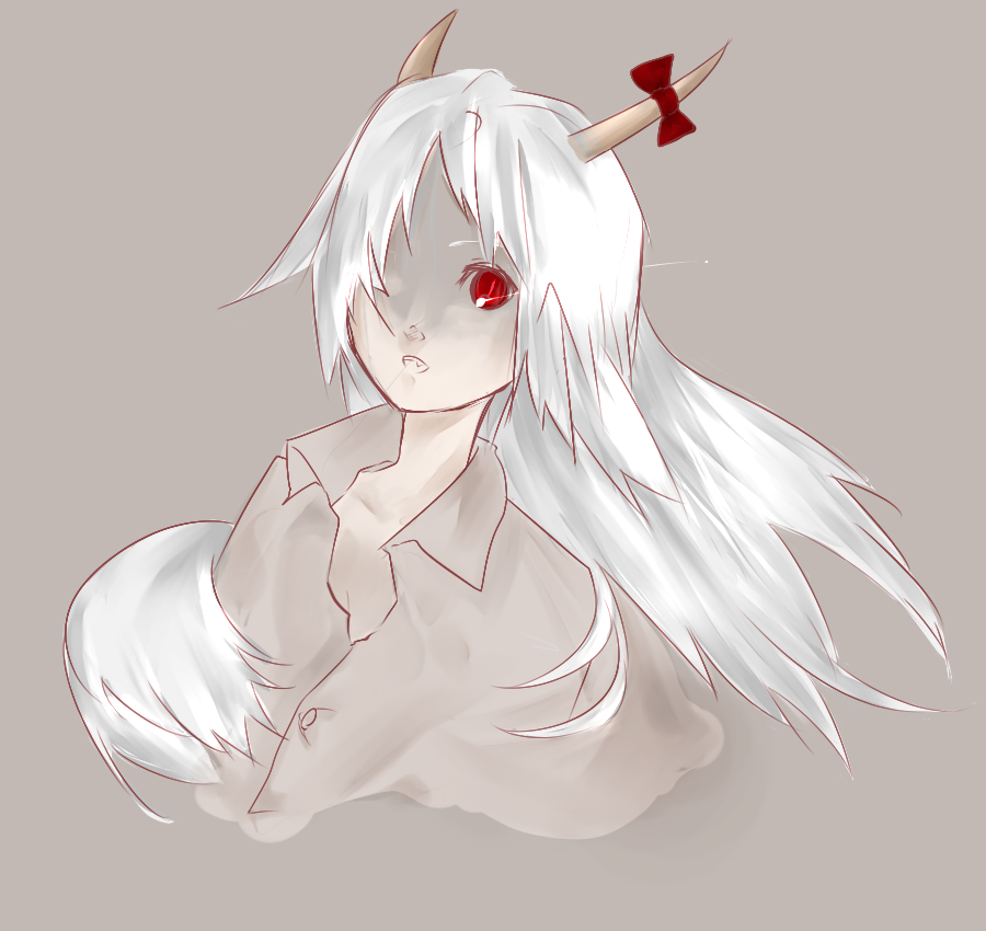 mnk, ex-keine, kamishirasawa keine, touhou, silver hair, 1girl, fang, female focus, grey background, horn ornament, horn ribbon, horns, long hair, red eyes, ribbon, simple background, solo, upper body