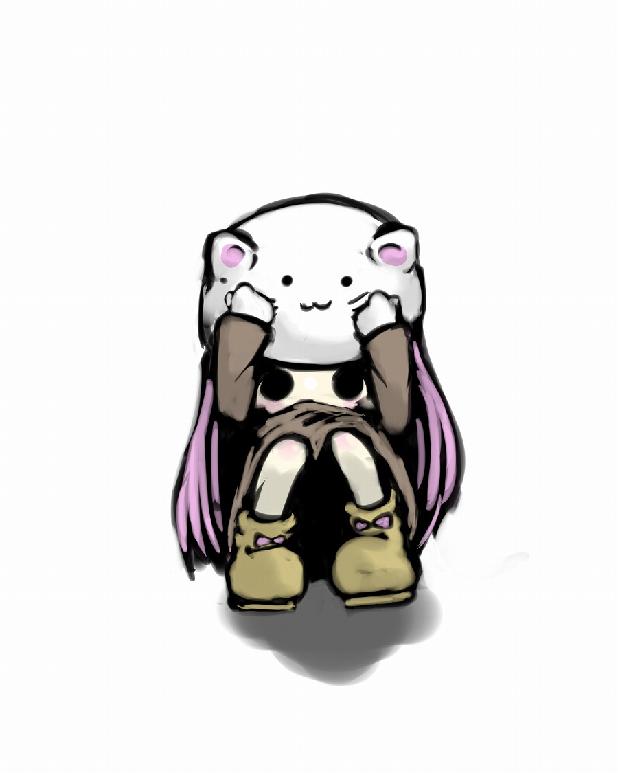 yadoya, megurine luka, megurine luka (toeto), toeto (vocaloid), vocaloid, animal hat, cat hat, charisma guard, cowering, hat, long hair, pink hair, purple hair, solo, squatting