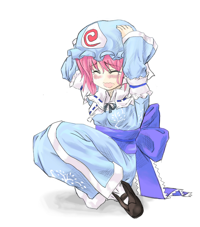 fujiiayumu, saigyouji yuyuko, touhou, 1girl, closed eyes, cowering, dress, female focus, full body, hat, japanese clothes, kimono, pink hair, solo, squatting, white background