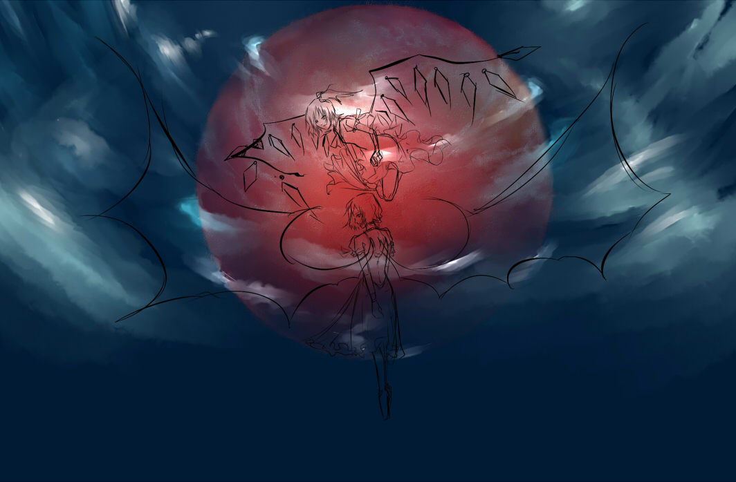 mnk, flandre scarlet, remilia scarlet, touhou, 2girls, bat wings, female focus, moon, multiple girls, night, red moon, short hair, siblings, sisters, vampire, wings