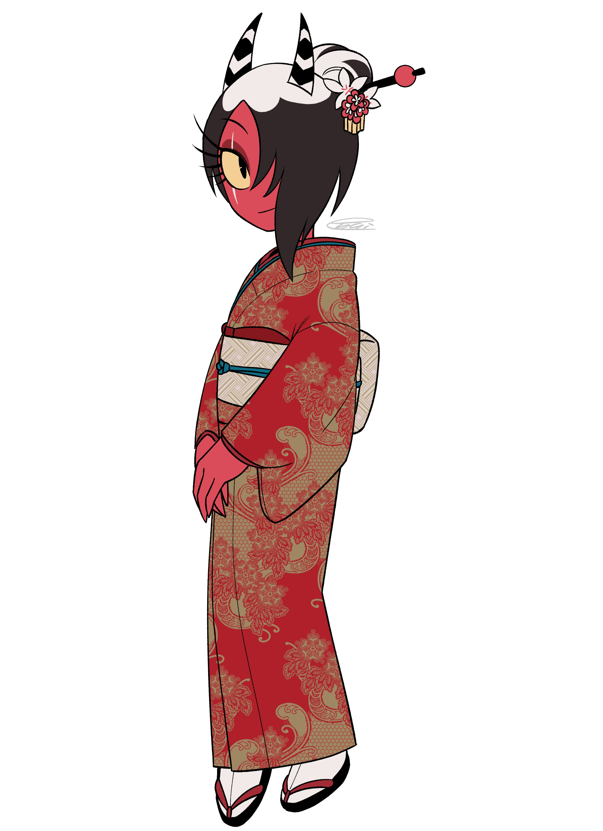 menma (enaic31), sallie may (helluva boss), hellaverse, helluva boss, absurdres, commentary request, highres, 1girl, alternate costume, alternate hairstyle, black eyes, black hair, black horns, black sandals, closed mouth, colored skin, demon girl, demon horns, eyeshadow, fewer digits, flat chest, floral print, floral print kimono, flower, full body, hair bun, hair flower, hair ornament, hair over one eye, horns, japanese clothes, kimono, long sleeves, looking at viewer, makeup, medium hair, multicolored hair, multicolored horns, one eye covered, print kimono, red eyeshadow, red kimono, red skin, roots (hair), sandals, scar, scar across eye, scar on face, signature, simple background, single hair bun, smile, socks, solo, standing, striped horns, two-tone hair, two-tone horns, v arms, white background, white flower, white hair, white horns, white socks