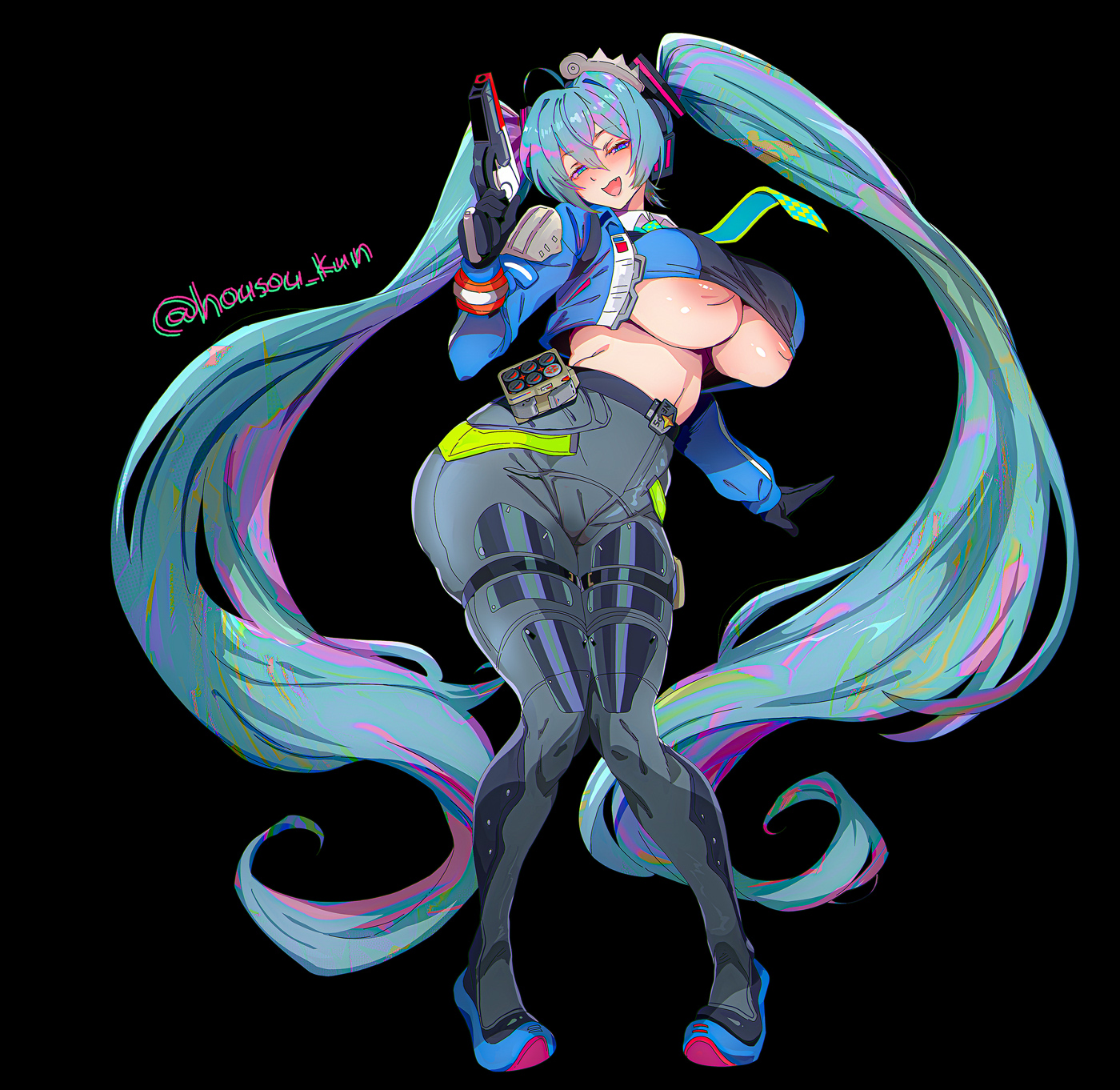 housou-kun, hatsune miku, zhu yuan, vocaloid, zenless zone zero, highres, 1girl, alternate breast size (larger), aqua hair, areola slip, ass, black background, blue eyes, blue jacket, breasts, collared shirt, cosplay, fang, full body, gun, hair between eyes, hair ornament, holding, holding gun, holding weapon, huge ass, huge breasts, jacket, long hair, looking at viewer, necktie, no bra, open mouth, police, police uniform, policewoman, shirt, simple background, solo, tight clothes, twintails, twitter username, underboob, undersized clothes, very long hair, weapon, zhu yuan (cosplay)