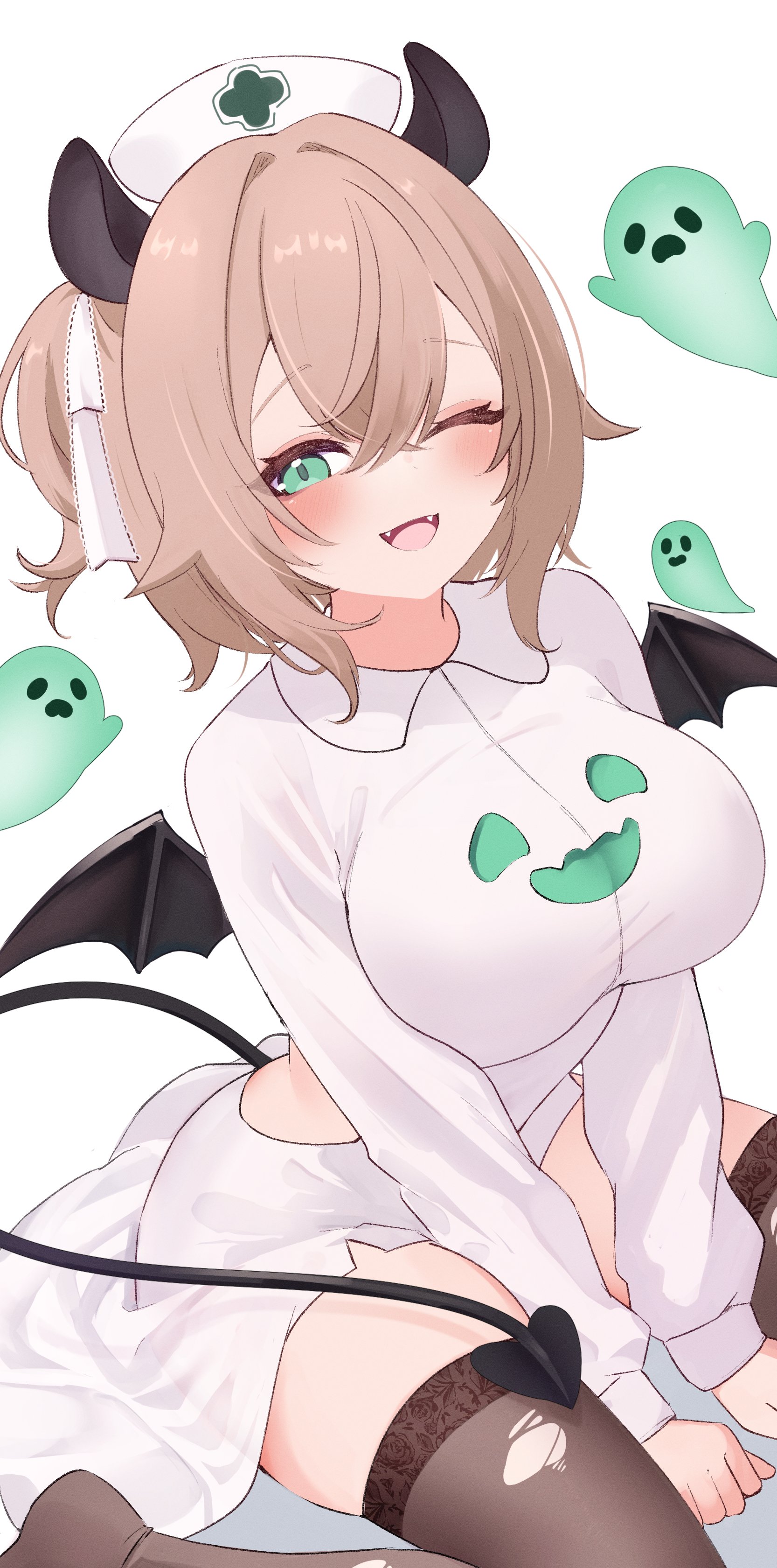 milk tea 1993, nimi nightmare, indie virtual youtuber, absurdres, highres, 1girl, animal ears, black tail, black thighhighs, black wings, breasts, brown hair, demon tail, demon wings, green eyes, kneeling, large breasts, one eye closed, shirt, skirt, solo, tail, tapir ears, tapir girl, thighhighs, virtual youtuber, white shirt, white skirt, wings
