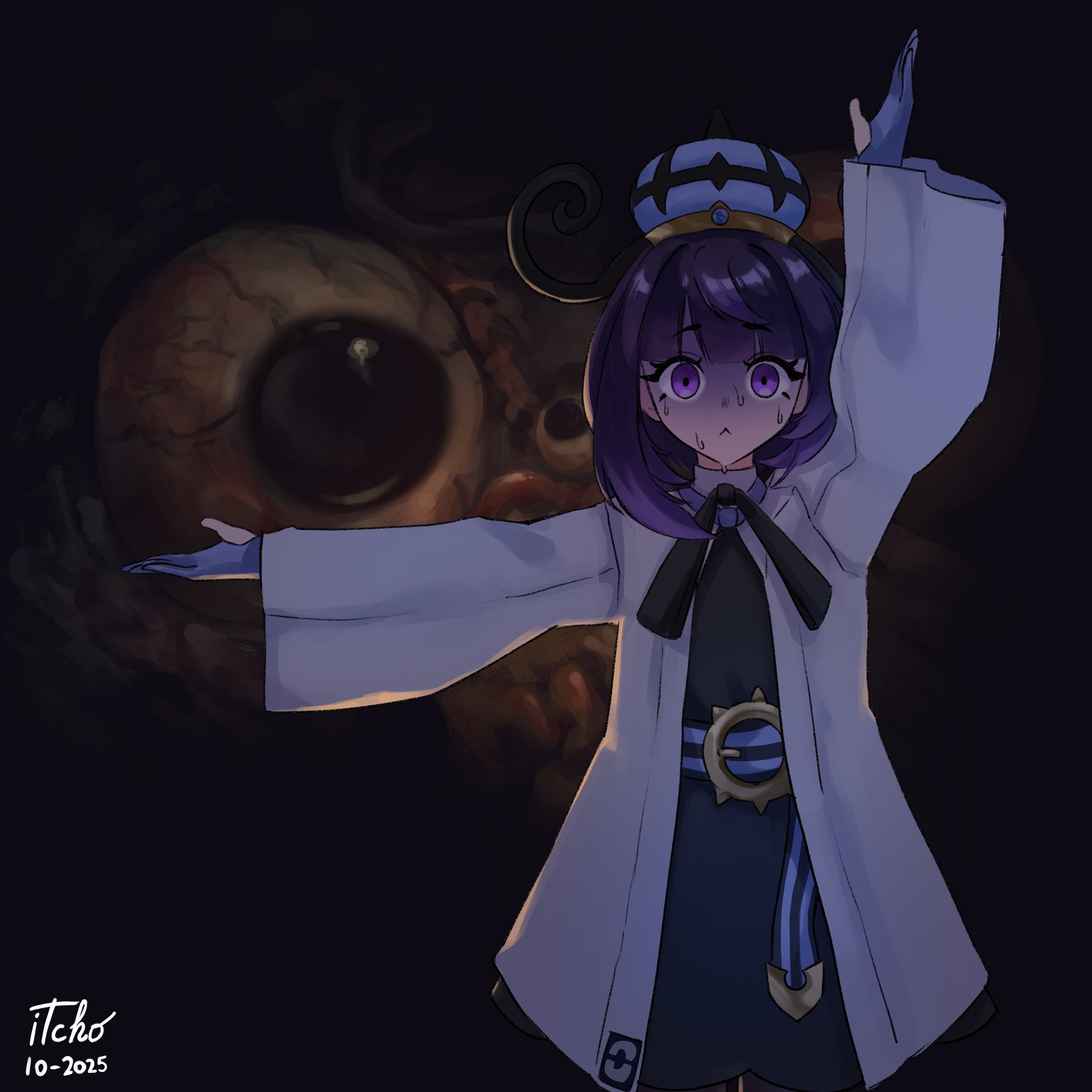 itcho, gwynn (pokemon), bloodborne, nintendo, pokemon, pokemon legends: z-a, absurdres, commentary, english commentary, highres, 1girl, :<, artist name, belt, belt buckle, black dress, blue gloves, blunt bangs, bob cut, brain of mensis, buckle, closed mouth, coat, crossover, dress, eldritch abomination, eyeball, eyelashes, gloves, long sleeves, looking at viewer, o-ring, o-ring belt, open clothes, open coat, partially fingerless gloves, purple eyes, purple hair, short hair, sweat, white coat, wide sleeves