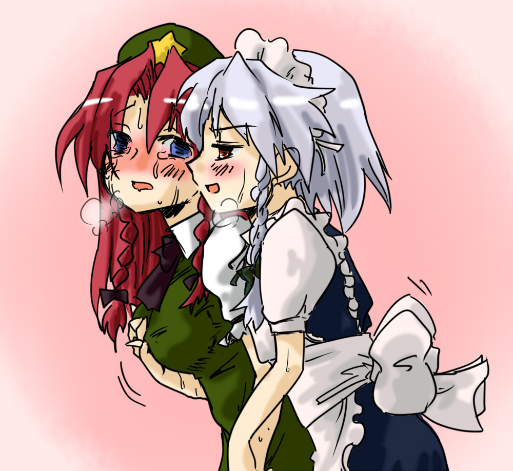 seki (red shine), hong meiling, izayoi sakuya, embodiment of scarlet devil, touhou, silver hair, 2girls, blush, braid, breasts, breath, female focus, grabbing another's breast, groping, maid, molestation, multiple girls, pink background, red eyes, red hair, sweat, tears, twin braids, yuri