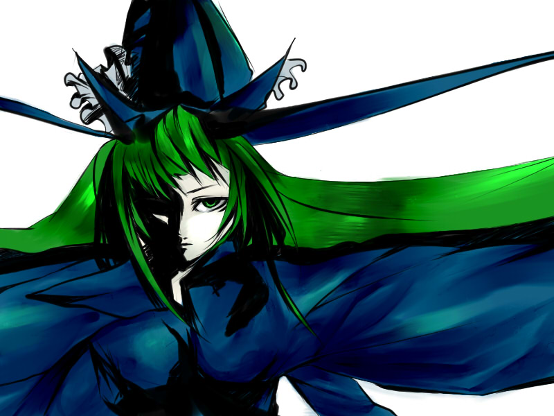 mnk, mima (touhou), touhou, touhou (pc-98), 1girl, female focus, green eyes, green hair, hat, long hair, simple background, solo, upper body, white background, wizard hat