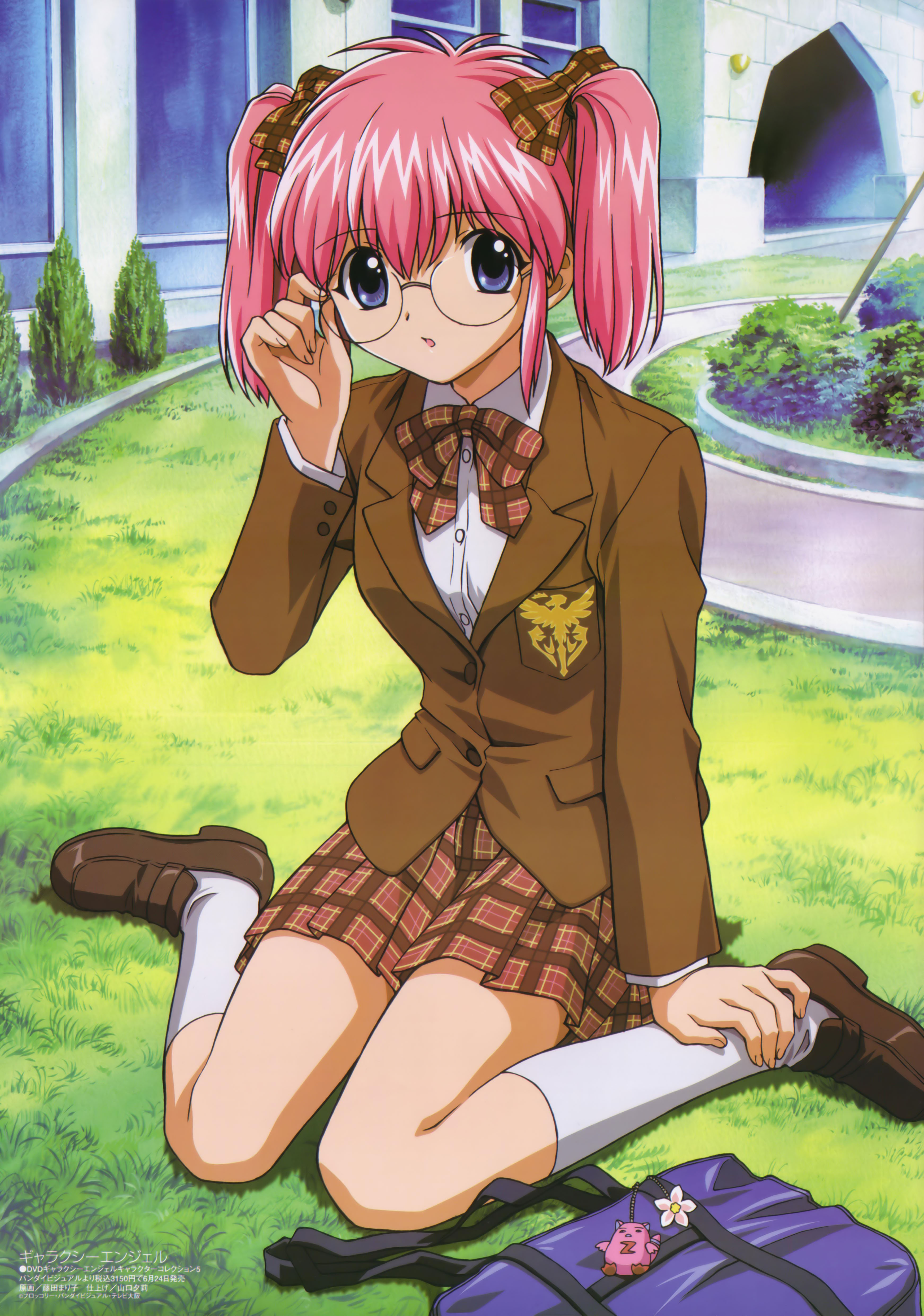 fujita mariko, milfeulle sakuraba, normad, broccoli (company), galaxy angel, absurdres, highres, official art, scan, 00s, 1girl, adjusting eyewear, bag, blouse, blue eyes, bow, bowtie, charm (object), day, female focus, flower, glasses, hair bow, kneehighs, looking at viewer, open mouth, outdoors, pink hair, plaid clothes, plaid skirt, purple eyes, ribbon, round eyewear, school bag, school uniform, shirt, shoes, short hair, sitting, skirt, socks, solo, twintails, wariza, white shirt, white socks