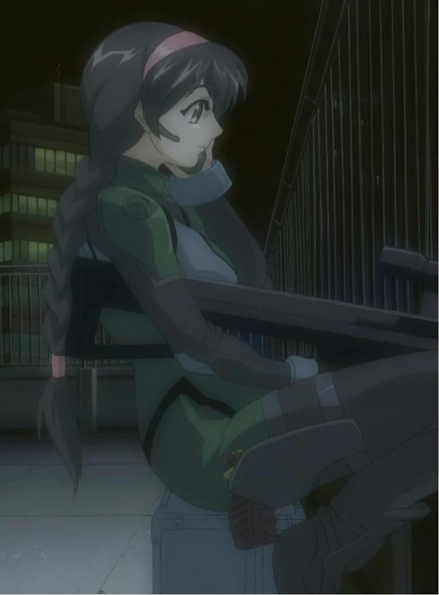 jinguu maya, burn-up, burn-up scramble, tagme, 00s, 1girl, black eyes, black hair, bodysuit, boots, braid, city, female focus, gun, holster, long hair, night, outdoors, police, police uniform, policewoman, sitting, smile, solo, twin braids, weapon