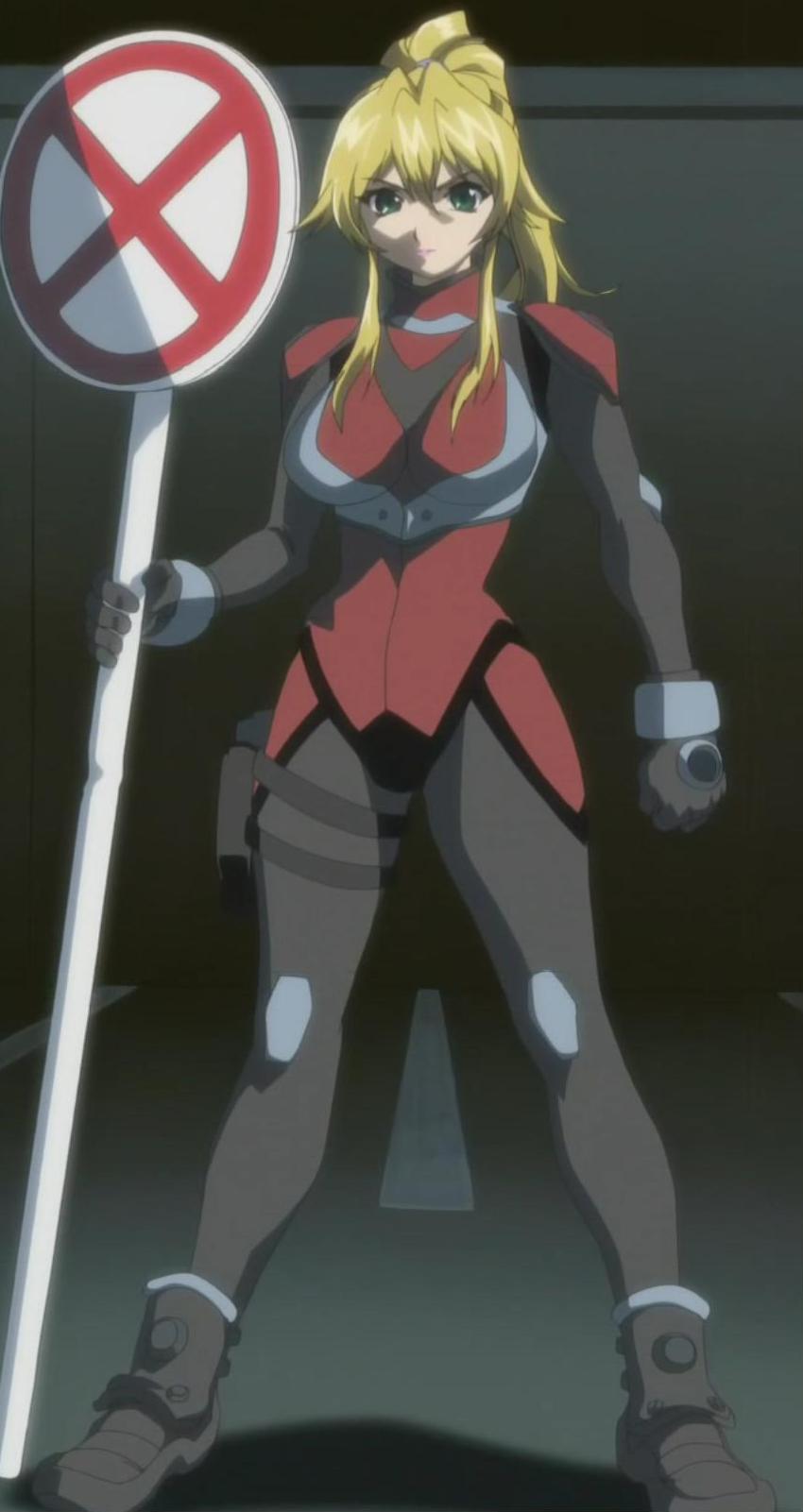 kinezono rio, burn-up, burn-up scramble, highres, tagme, 00s, 1girl, blonde hair, bodysuit, boots, breasts, facing viewer, female focus, full body, gloves, green eyes, holster, large breasts, long hair, looking at viewer, night, outdoors, police, police uniform, policewoman, ponytail, road closed sign, road closed to all sign, road sign, serious, sign, solo, standing