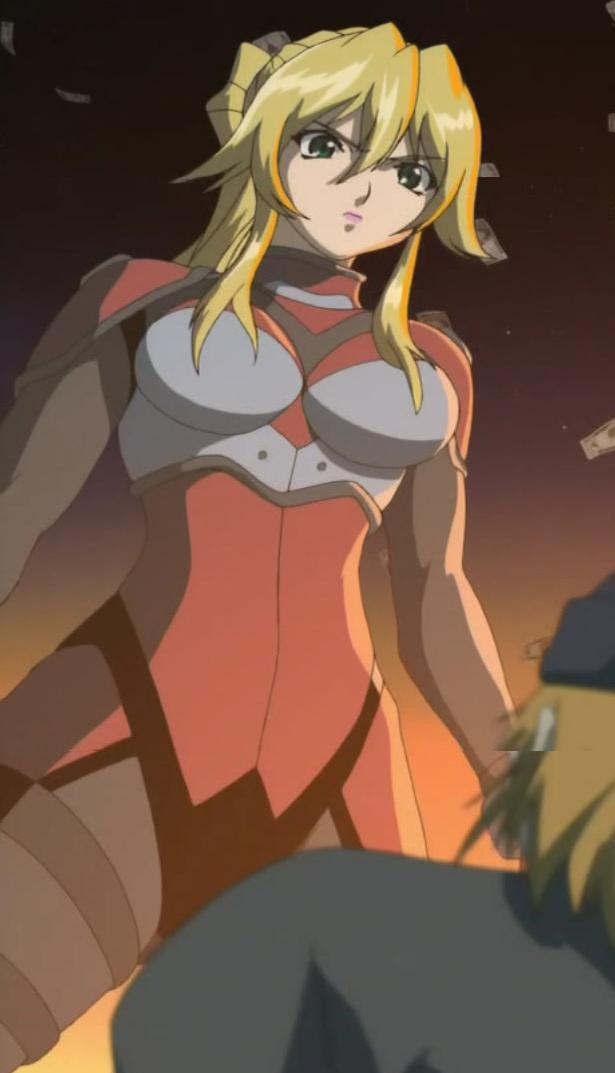 kinezono rio, burn-up, burn-up scramble, tagme, 00s, 1boy, 1girl, angry, blonde hair, bodysuit, long hair, police, police uniform, policewoman, ponytail