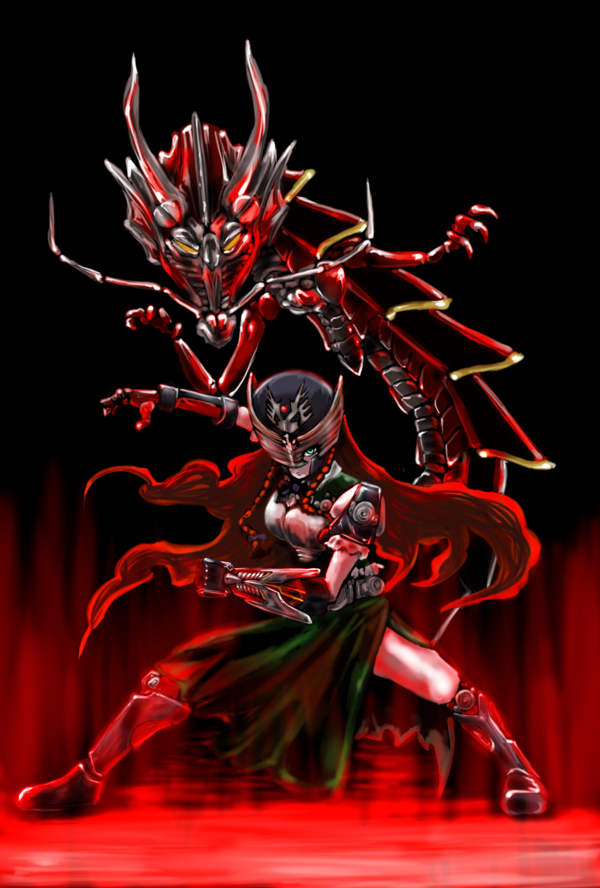 sora kusa, sorasu, dragreder, ex-meiling, hong meiling, kamen rider ryuki, kamen rider, kamen rider ryuki (series), touhou, bad id, bad pixiv id, 1girl, armor, armored dress, braid, claws, colored skin, dragon, dress, eastern dragon, female focus, fins, green eyes, helmet, horns, long hair, parody, red hair, red skin, twin braids, yellow eyes