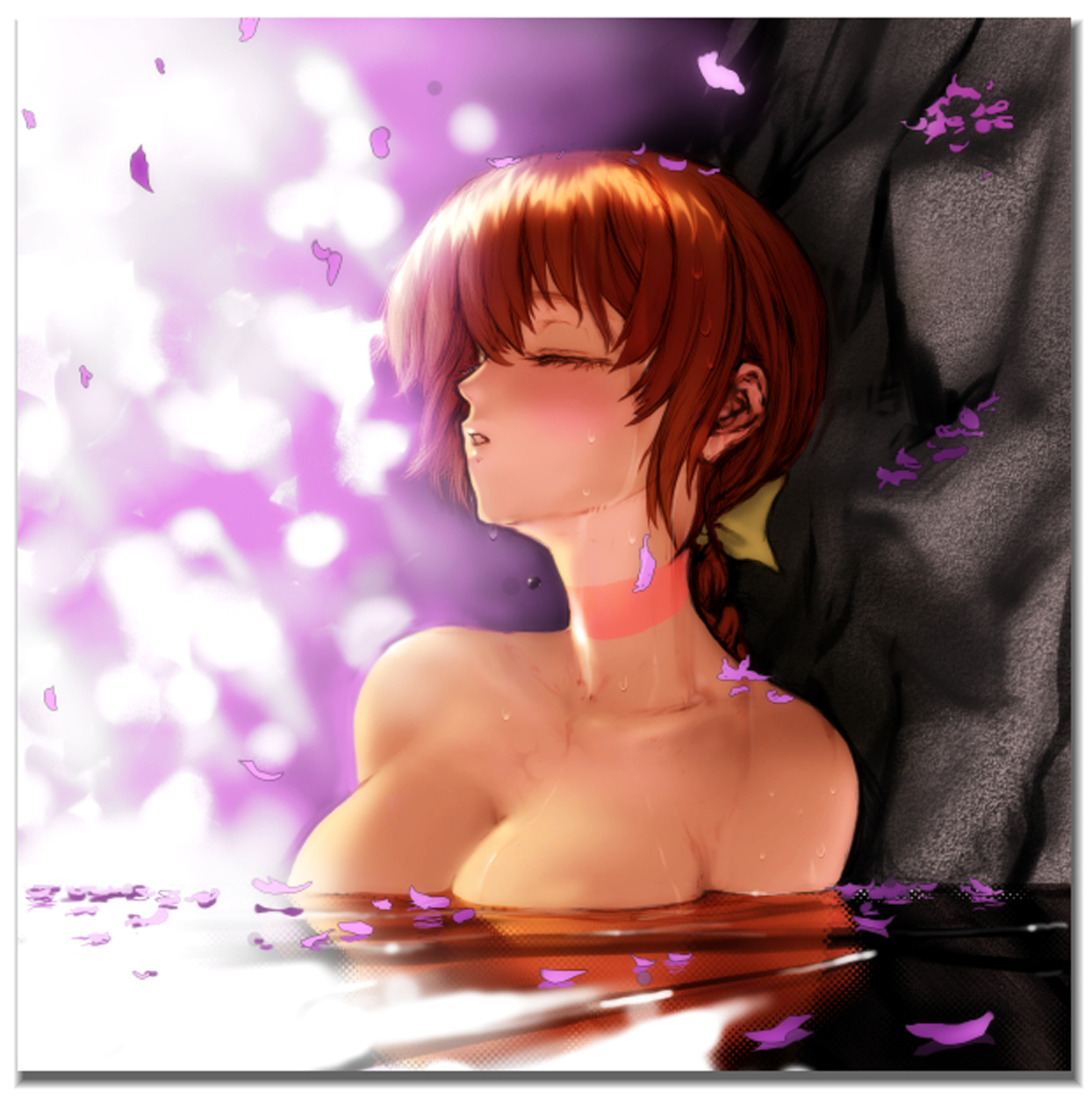 ebina souichi, kasumi (doa), dead or alive, kasumi mania 3, tecmo, highres, 1girl, bare shoulders, bath, braid, brown hair, cherry blossoms, choker, closed eyes, female focus, long hair, onsen, petals, single braid, solo