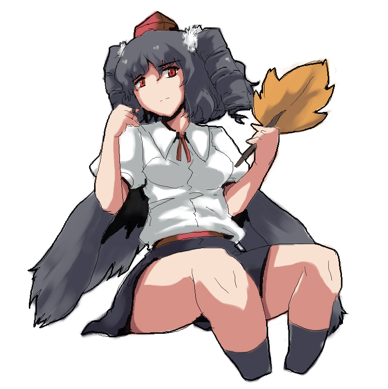 magukappu, shameimaru aya, touhou, 1girl, alternate hairstyle, black hair, black wings, drill hair, female focus, hand fan, hat, no nose, red eyes, short hair, simple background, sitting, solo, tokin hat, twintails, white background, wings