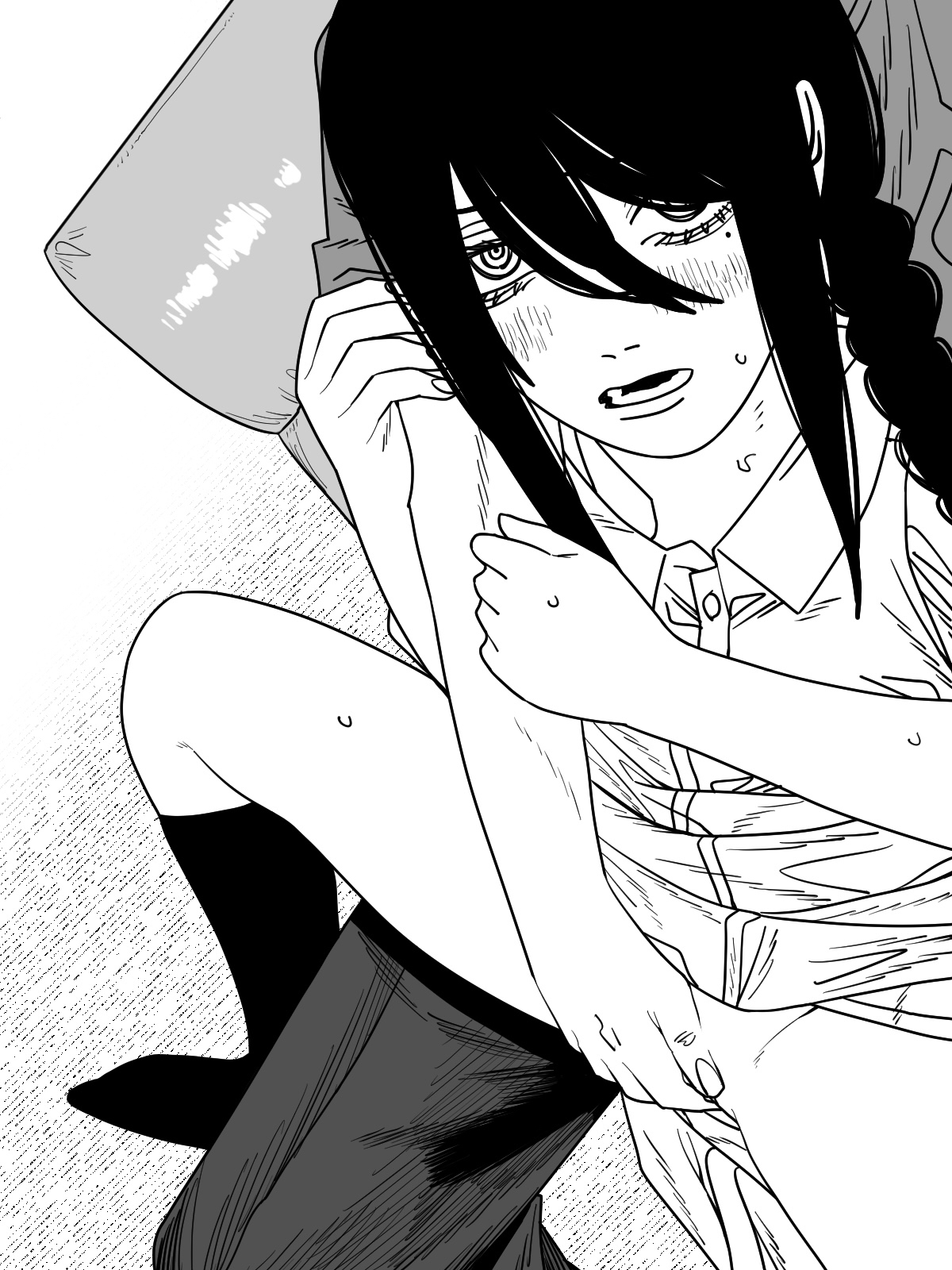 nanami toga, nayuta (chainsaw man), chainsaw man, highres, 1girl, black hair, braid, braided ponytail, fingering, fingering from behind, hair over shoulder, holding another's arm, open mouth, reach-around, ringed eyes, shirt, sitting, sitting on lap, sitting on person, spread legs