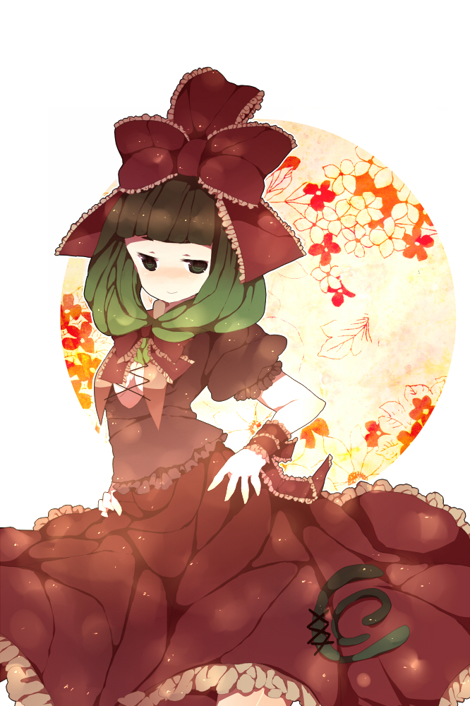 yuuutsu kamo, kagiyama hina, touhou, bad id, bad pixiv id, 1girl, dress, female focus, front ponytail, green eyes, green hair, hair ribbon, matching hair/eyes, ribbon, solo