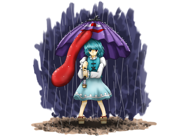 ruins (artist), ruins (ruins49), tatara kogasa, touhou, 1girl, blue eyes, blue hair, female focus, geta, heterochromia, karakasa obake, matching hair/eyes, rain, red eyes, sandals, short hair, solo, tongue, umbrella