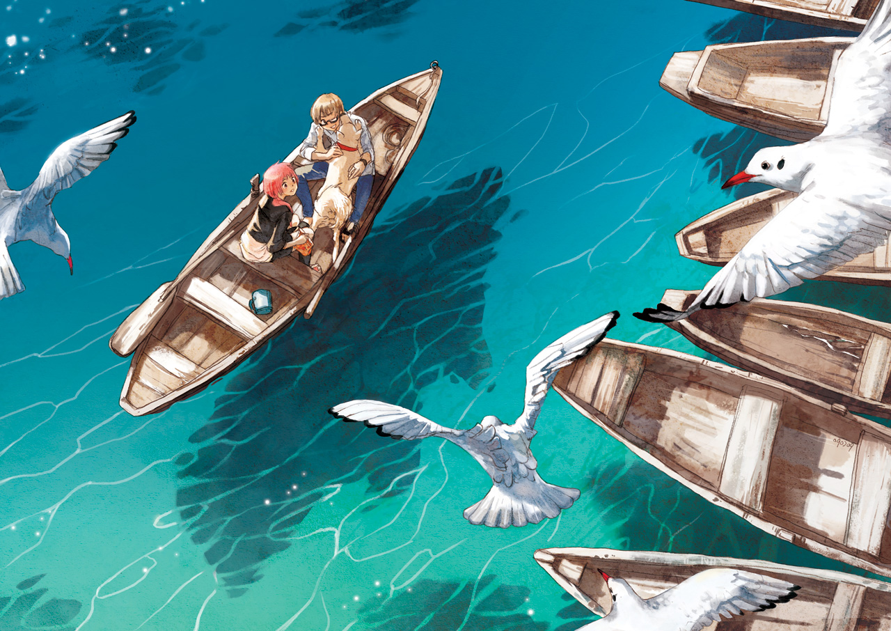 selina, original, 1boy, 1girl, bird, boat, brown hair, dog, glasses, ocean, pink hair, seagull, watercraft
