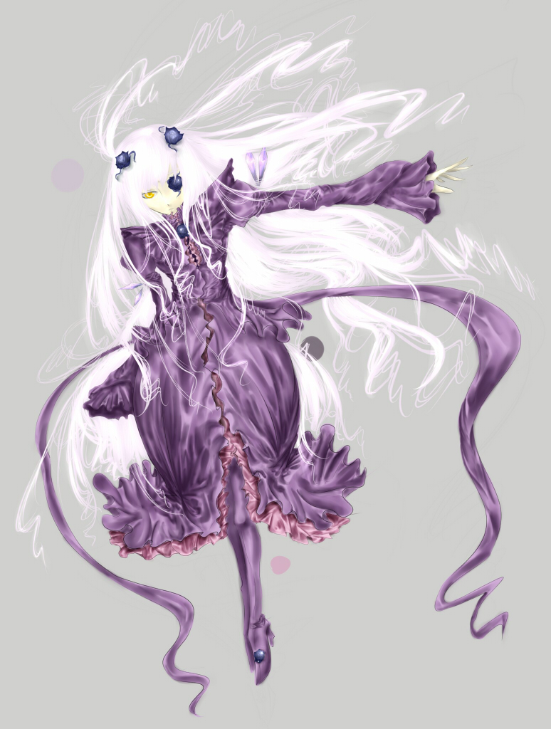 mnk, barasuishou, rozen maiden, silver hair, 00s, 1girl, dress, eyepatch, female focus, flower, flower eyepatch, flower over eye, full body, grey background, long hair, long sleeves, looking at viewer, purple dress, rose, simple background, solo, very long hair