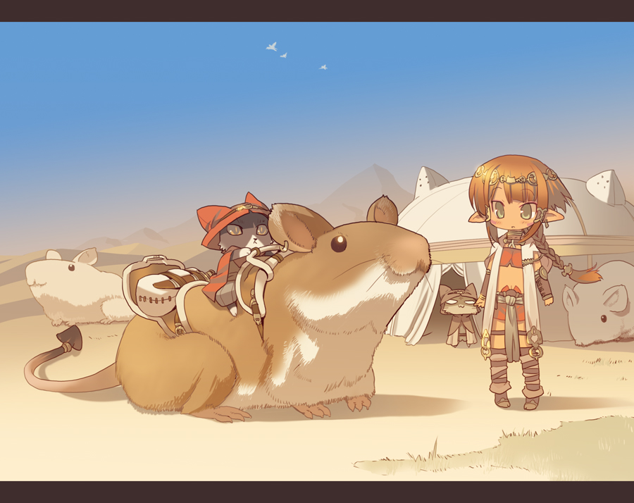 blade (galaxist), pixiv fantasia, pixiv fantasia 3, bad id, bad pixiv id, 1girl, :3, blush, braid, brown hair, cat, chibikemo, desert, hamster, letterboxed, long hair, mouse (animal), pointy ears, riding, tent
