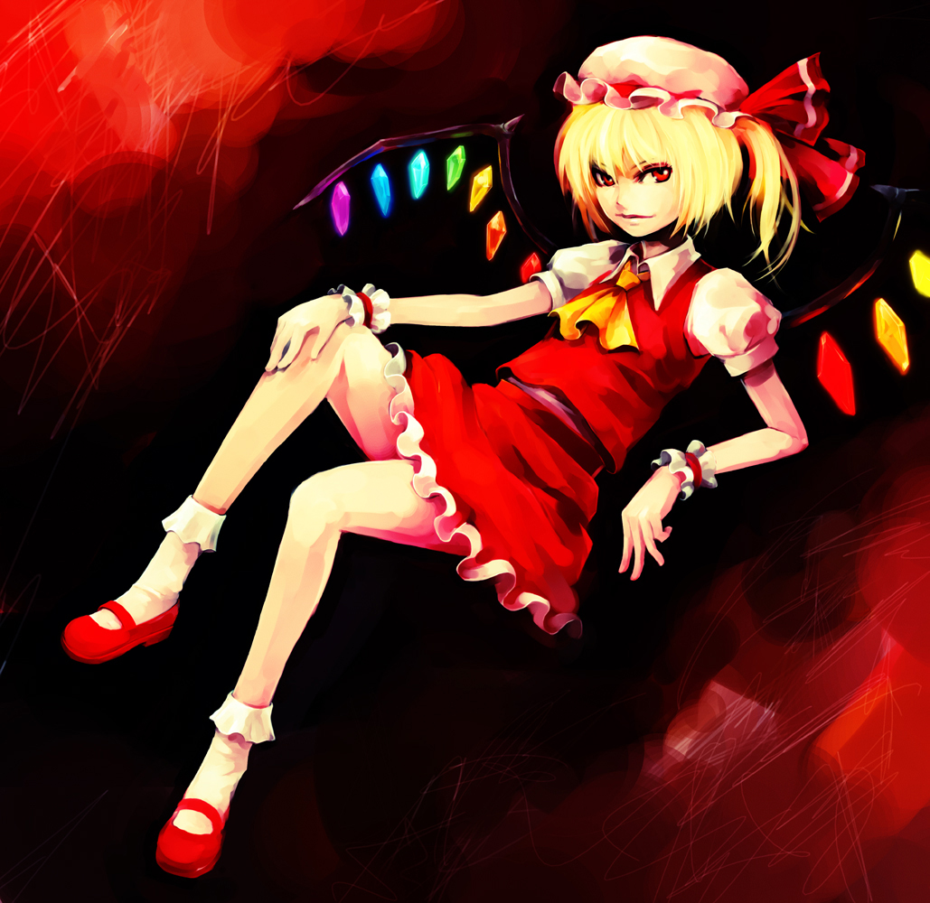 hironox, flandre scarlet, touhou, 1girl, blonde hair, blouse, collared shirt, female focus, hat, mob cap, one side up, red background, red eyes, red shoes, red theme, shirt, shoes, side ponytail, smile, socks, solo, white hat, white shirt, white socks, wings