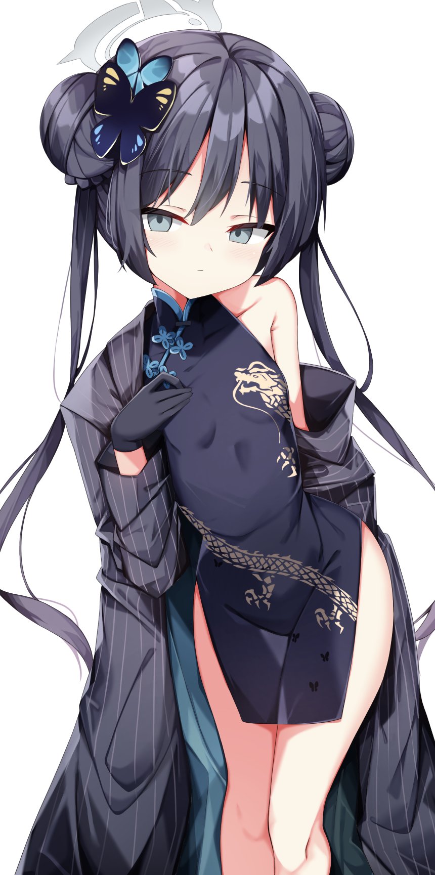 sabana, kisaki (blue archive), blue archive, commentary request, highres, 1girl, black dress, black gloves, chinese clothes, dragon print, dress, gloves, grey eyes, halo, simple background, solo, white background