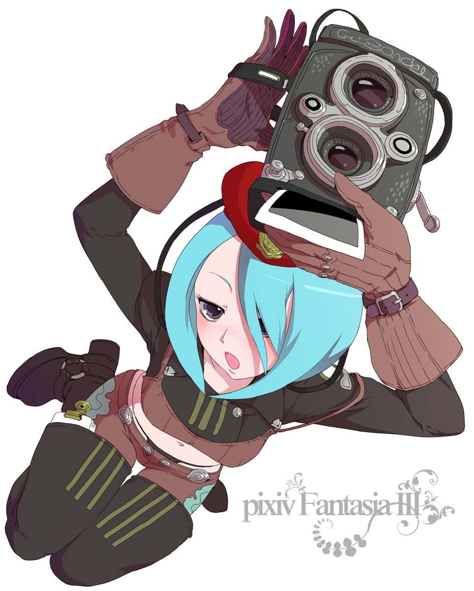 nagasawa shin, pixiv fantasia, pixiv fantasia 3, bad id, bad pixiv id, highres, 1girl, blue hair, blush, boots, camera, female focus, gigandal federation, gloves, midriff, panties, photo (object), purple eyes, short hair, solo, thigh boots, thighhighs, twin-lens reflex camera, underwear