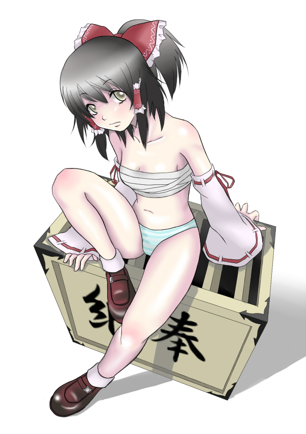ao usagi, hakurei reimu, touhou, bad id, bad pixiv id, 1girl, bandages, black hair, bow, box, chest sarashi, detached sleeves, donation box, female focus, hair bow, lingerie, panties, sarashi, short hair, solo, striped clothes, striped panties, underwear, underwear only, yellow eyes