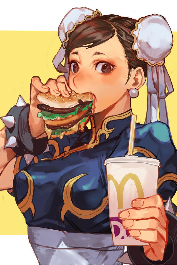 hungry clicker, chun-li, capcom, mcdonald's, street fighter, 1girl, blush, bracelet, breasts, brown eyes, brown hair, bun cover, burger, china dress, chinese clothes, cup, disposable cup, double bun, dress, earrings, eating, food, food in mouth, hair bun, holding, holding burger, holding cup, holding food, jewelry, looking at viewer, short hair, solo, spiked bracelet, spikes, studded bracelet, upper body