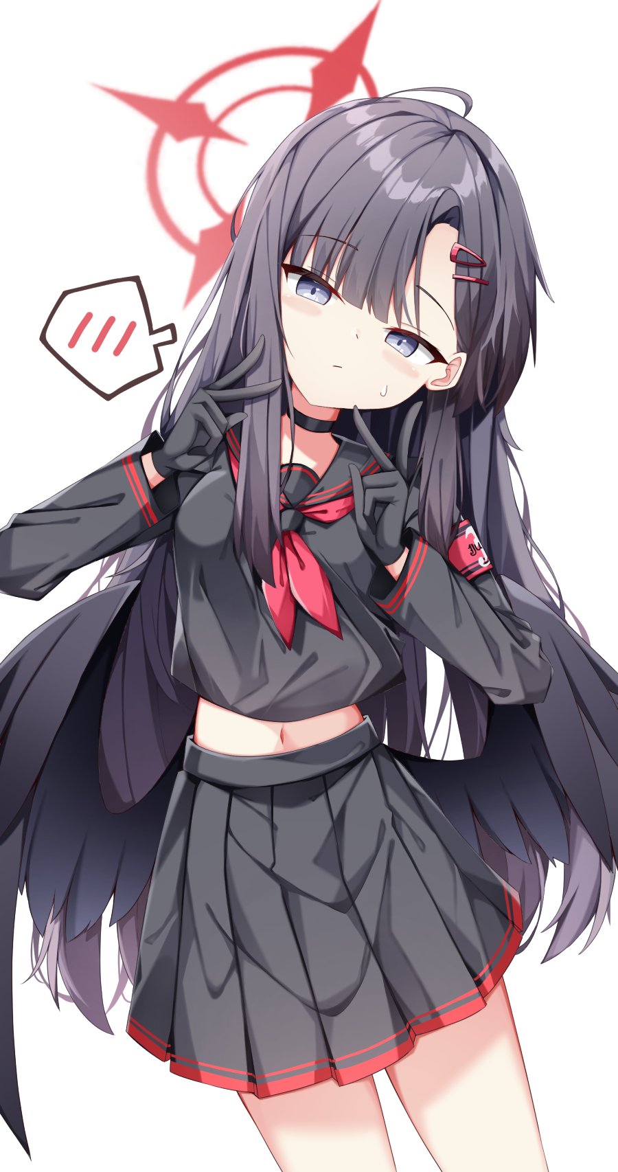 sabana, ichika (blue archive), blue archive, commentary, highres, 1girl, black hair, blush, choker, gloves, halo, school uniform, simple background, skirt, solo, unusually open eyes, white background