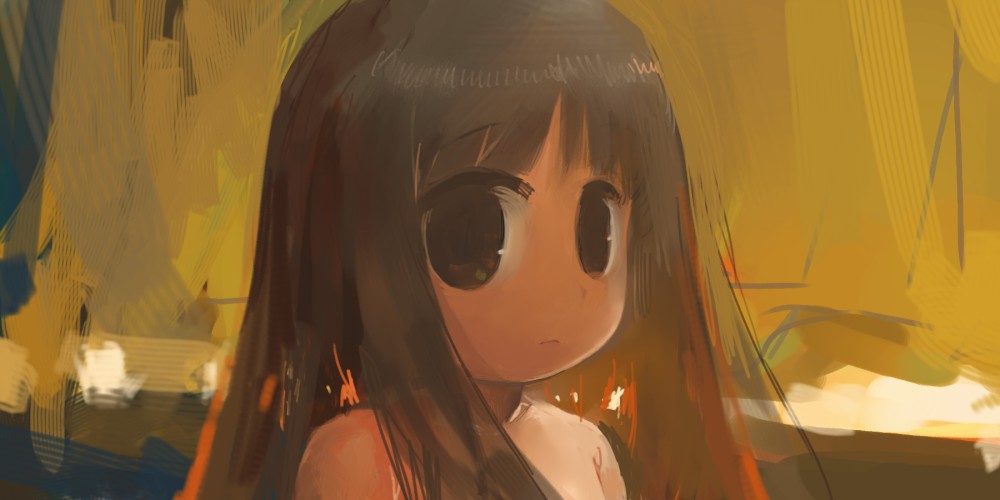 asasow, bad id, bad pixiv id, bare shoulders, black eyes, black hair, child, long hair, solo