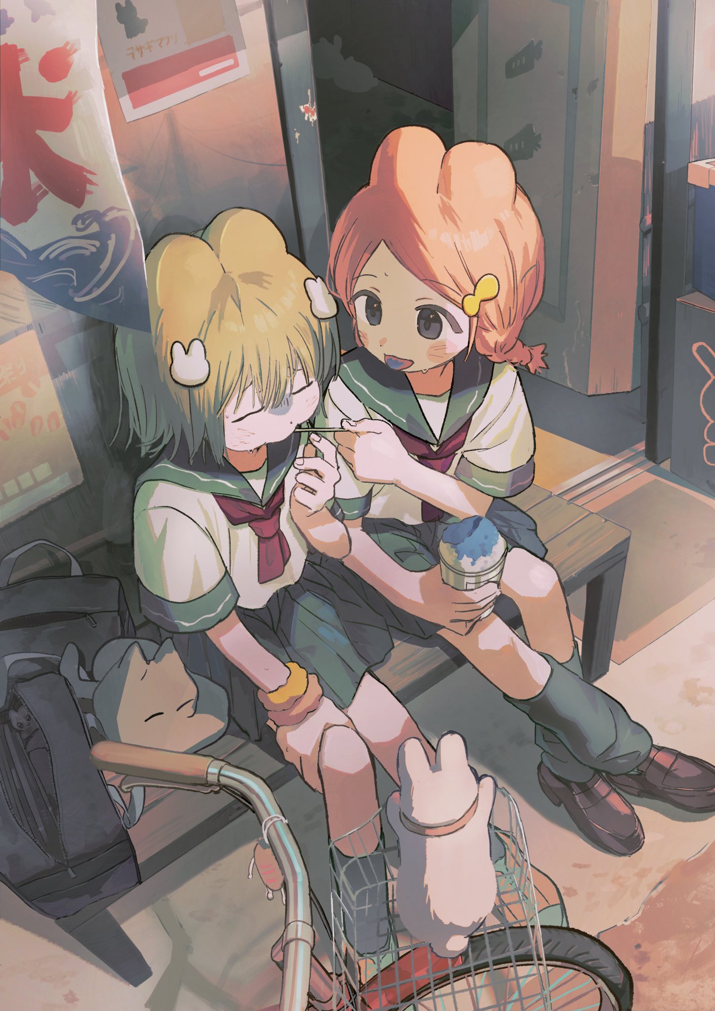 dobunomeme, original, commentary, highres, symbol-only commentary, 2girls, :p, animal, animal ears, bag, bench, bicycle, bicycle basket, black bag, black leg warmers, black skirt, blonde hair, blue tongue, brown shoes, colored tongue, feeding, flag, food, full body, green sailor collar, grey eyes, hair ornament, leg warmers, loafers, multiple girls, neckerchief, orange hair, outdoors, poster (object), rabbit ears, rabbit hair ornament, red neckerchief, sailor collar, scrunchie, shaved ice, shirt, shoes, short braid, short hair, short sleeves, sitting, skirt, tongue, tongue out, white shirt, wrist scrunchie