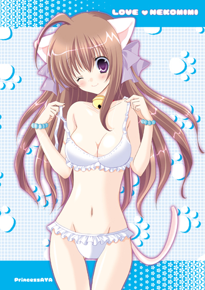ayato mimi, 1girl, animal ears, bell, bikini, blush, bracelet, breasts, brown hair, cat ears, cat tail, cleavage, english text, female focus, frilled bikini, frills, groin, jewelry, jingle bell, large breasts, long hair, navel, one eye closed, paw print, purple eyes, solo, swimsuit, tail, thigh gap, thighs, undressing, white bikini, wink