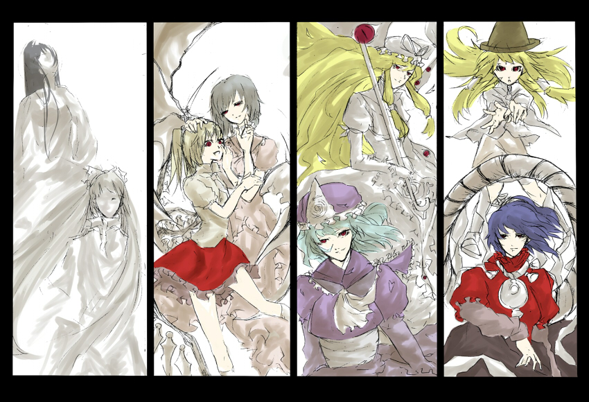 mnk, flandre scarlet, fujiwara no mokou, houraisan kaguya, moriya suwako, remilia scarlet, saigyouji yuyuko, yakumo yukari, yasaka kanako, touhou, 6+girls, black hair, blonde hair, blue hair, brooch, dress, female focus, gem, hat, jewelry, long hair, looking back, multiple girls, puffy short sleeves, puffy sleeves, red dress, rope, short sleeves, simple background, very long hair, white background