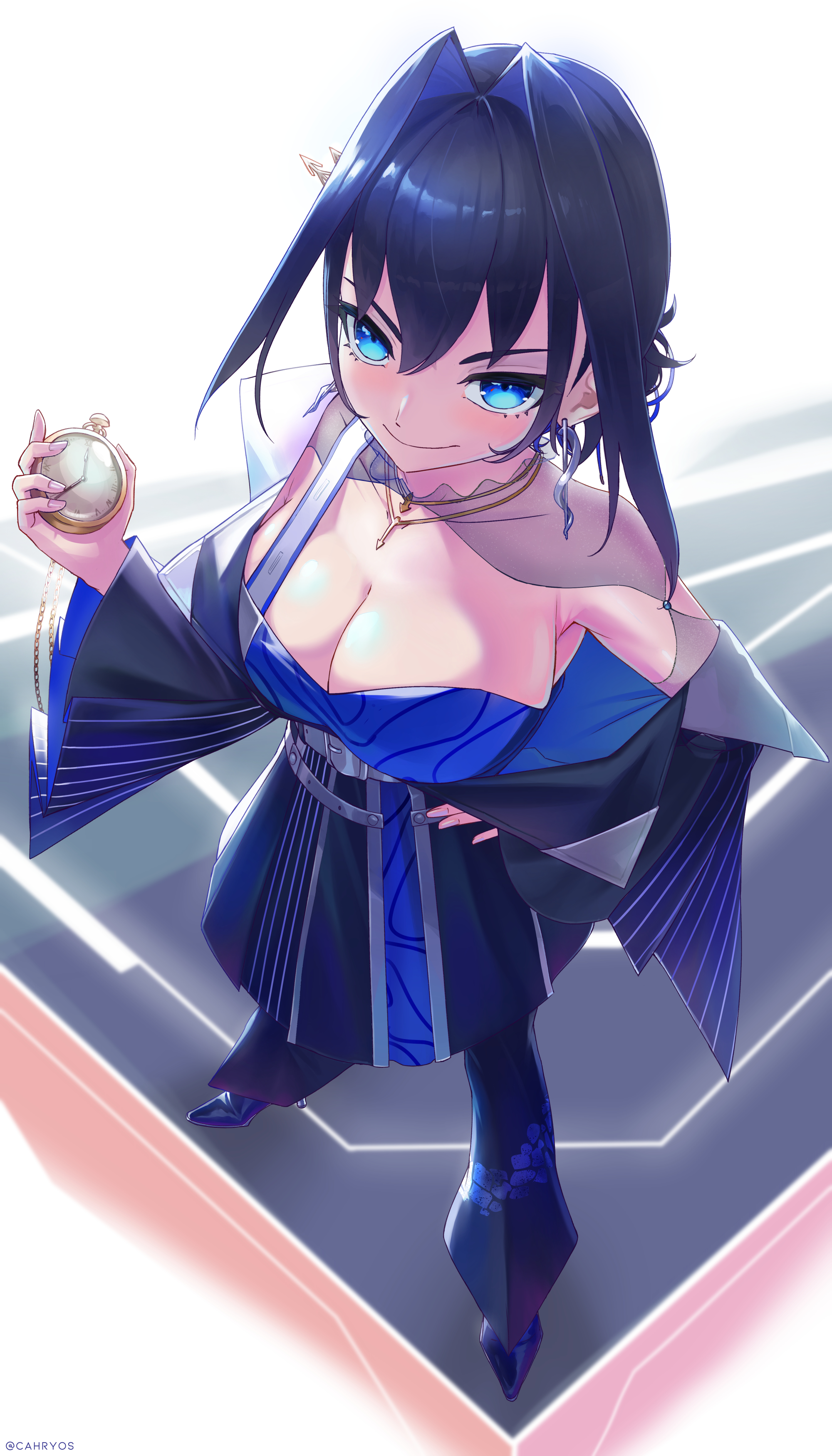 cahryos, ouro kronii, hololive, hololive english, absurdres, commentary, english commentary, highres, 1girl, animal ears, blue eyes, blue hair, blue jacket, blue pants, blue shirt, blue shoes, breasts, cleavage, closed mouth, fanged bangs, hair intakes, hand on own hip, high heels, holding, holding pocket watch, jacket, jewelry, large breasts, legs apart, looking at viewer, necklace, official alternate costume, pants, pleated sleeves, pocket watch, shirt, shoes, short hair, single off shoulder, smile, solo, standing, virtual youtuber, watch, wide sleeves