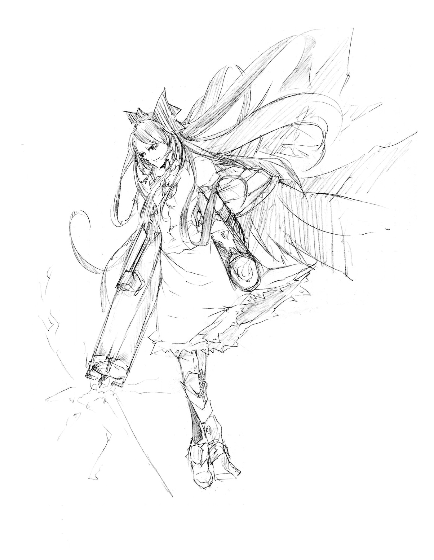 mnk, reiuji utsuho, touhou, highres, 1girl, female focus, greyscale, hair ribbon, long hair, monochrome, ribbon, sketch, solo, white background, wings