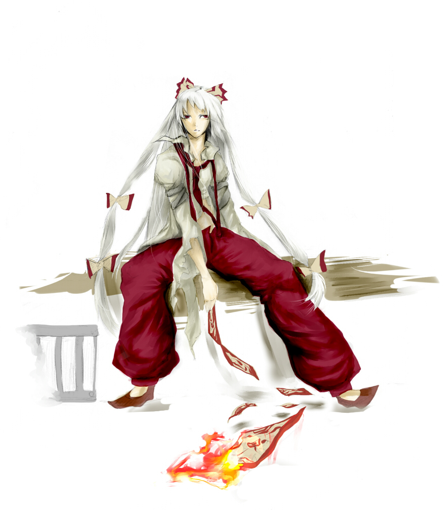 mnk, fujiwara no mokou, touhou, 1girl, female focus, fire, full body, hair ribbon, long hair, necktie, pants, red eyes, ribbon, sitting, solo, suspenders, white background, white hair