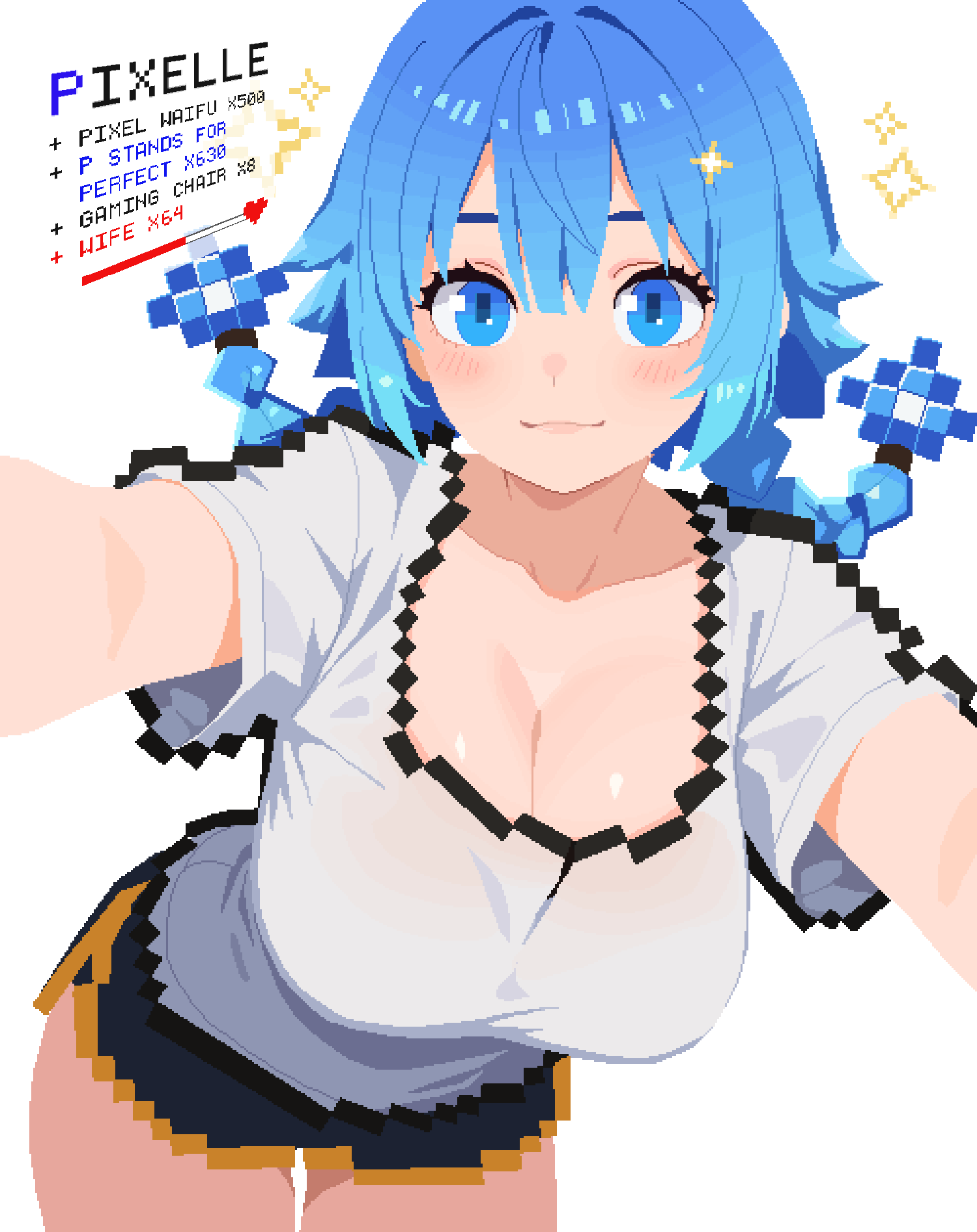 archapxl, original, commentary, english commentary, highres, 1girl, blue eyes, blue hair, blush, braid, breasts, cleavage, closed mouth, collarbone, english text, grey shorts, large breasts, looking at viewer, pixel art, shirt, short shorts, shorts, simple background, smile, solo, sparkle, standing, t-shirt, twin braids, white background, white shirt